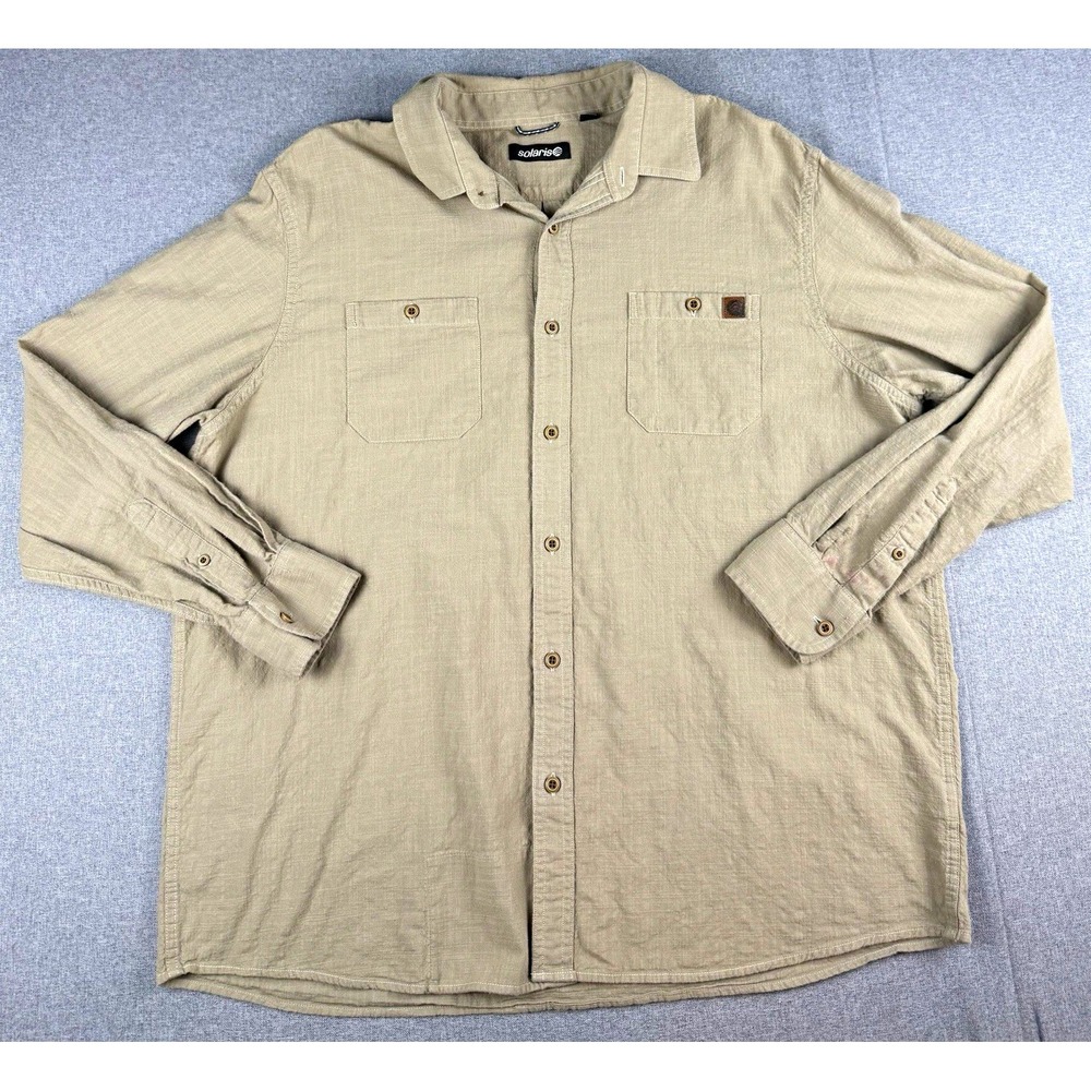 Solaris Men's XL Tan Ripstop Utility Hiking Button Up Shirt Long Sleeve
